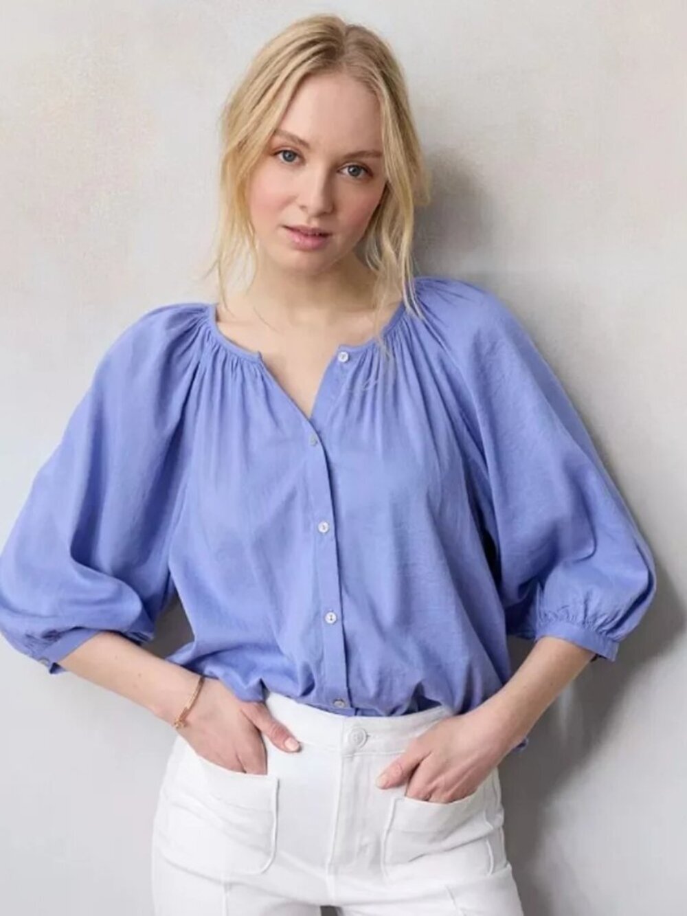 LC Lauren Conrad Light Blue Women's Button-Front Peasant Top Size L